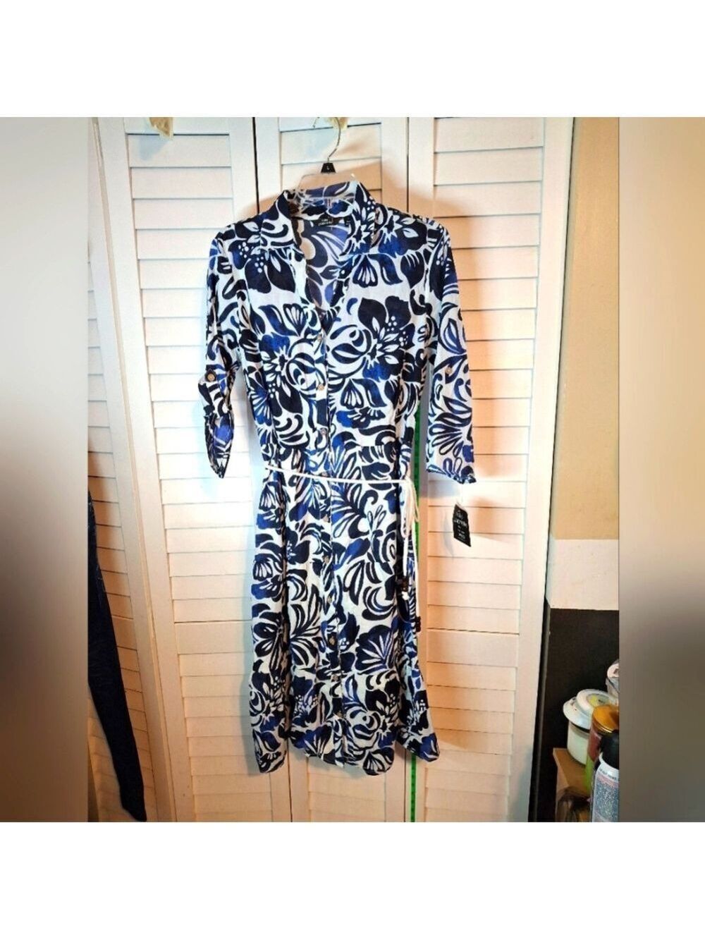 MLLE GABRILLE Tropical Floral Blue and White Layered Ruffle Dress Sz L NWT